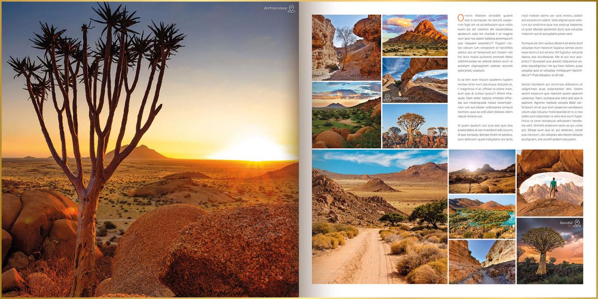 Fotoboek moderne stijl met tekst en foto's van rode rotsformaties, zondergang en quiver trees in Namibië