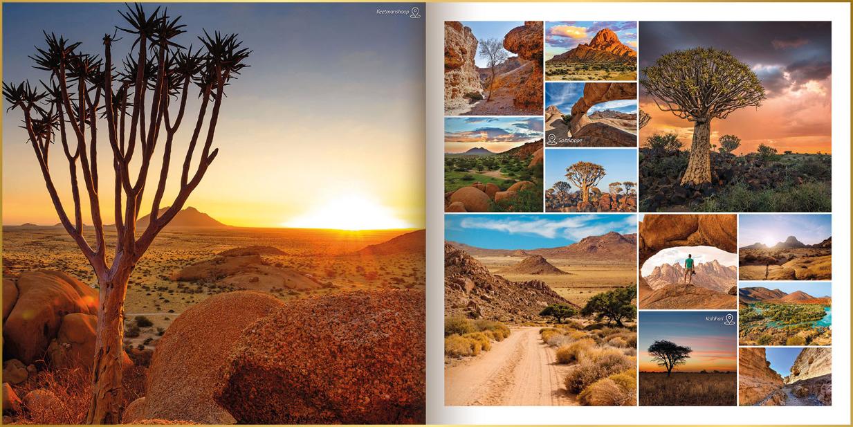 Fotoboek moderne stijl met foto's van rode rotsformaties, zondergang en quiver trees in Namibië