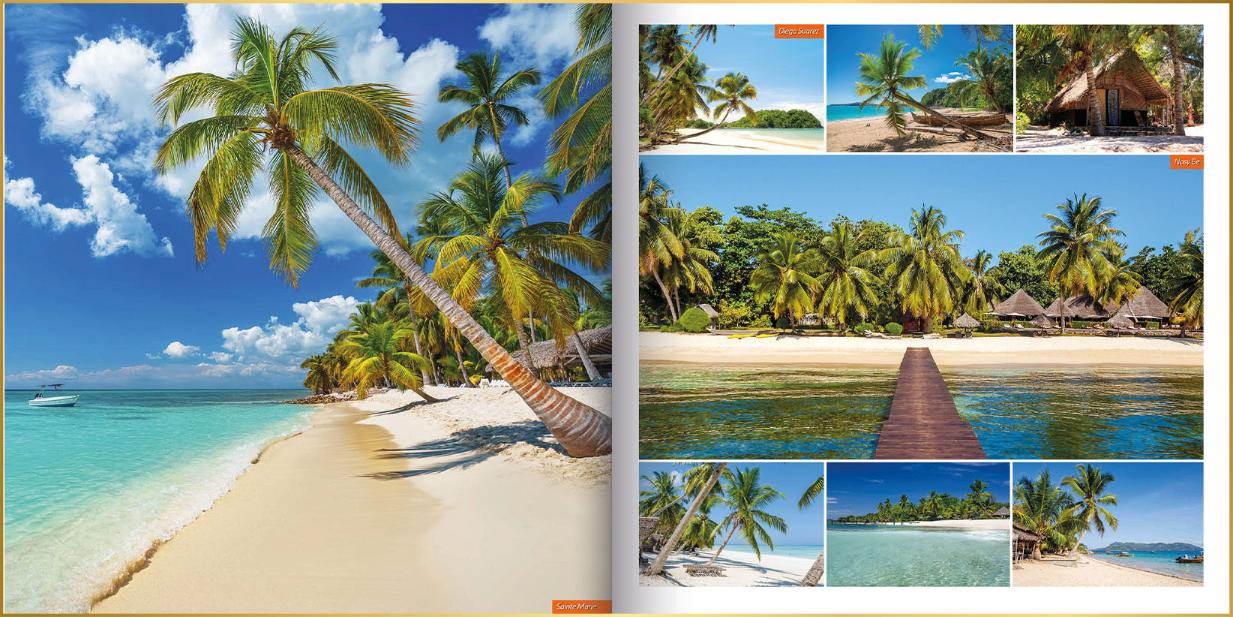 Fotoboek moderne stijl met foto's van tropische stranden met plambomen en strandhutjes in Madagaskar