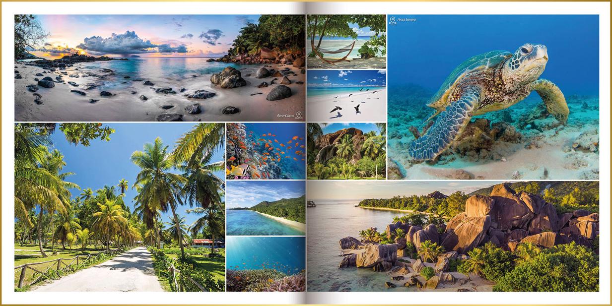 Fotoboek in moderne stijl zonder tekst met foto's van tropsiche stranden, zonsondergangen, plambomen, zeeschildpad en vissen op Seychellen