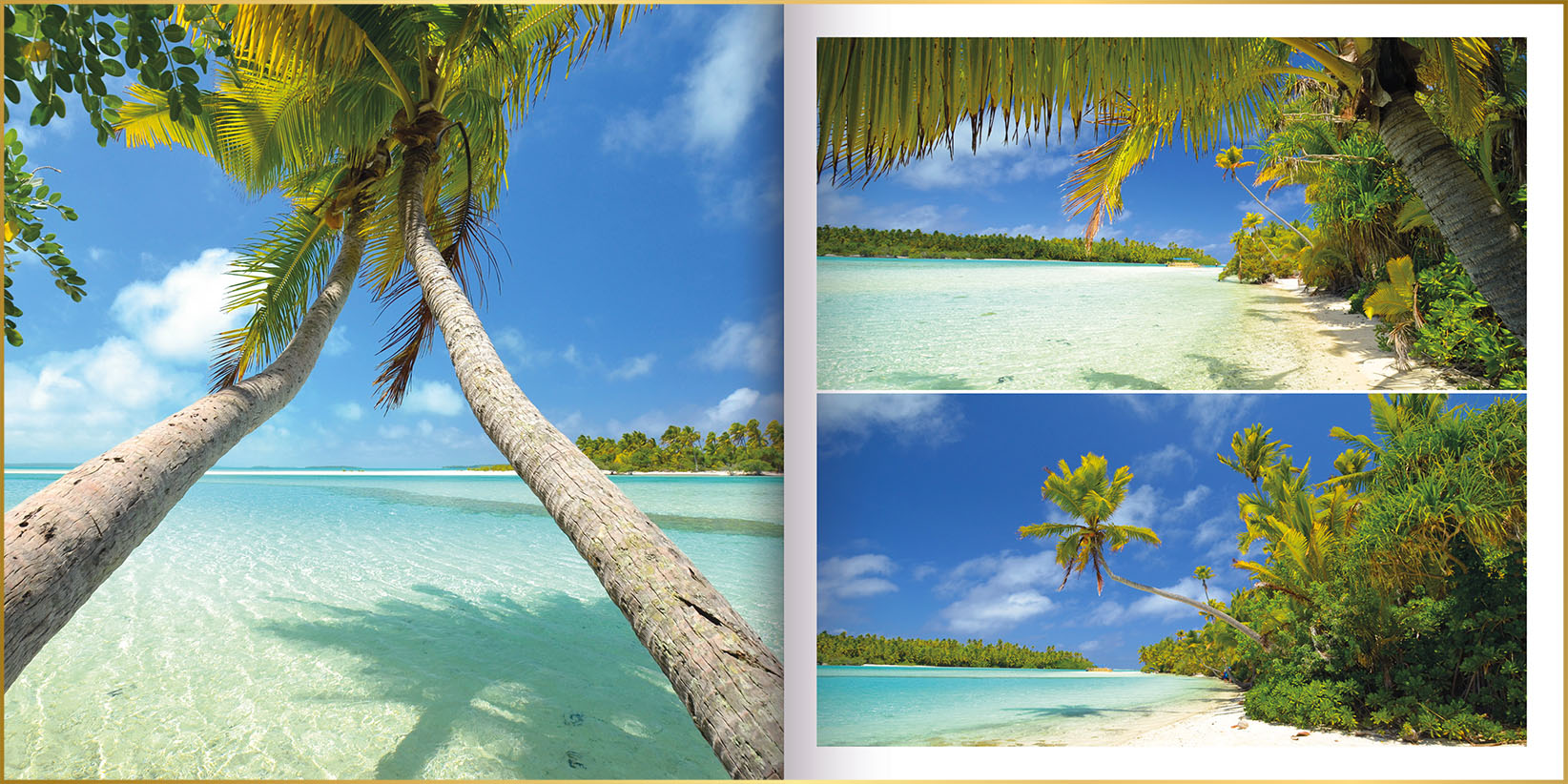 Fotoboek in ontwerpstijl basic met foto's van tropische stranden en wuivende palmbomen op de Cook eilanden