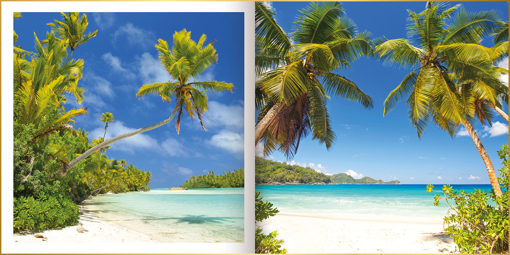 Fotoboek in ontwerpstijl basic met foto's van tropische stranden en wuivende palmbomen