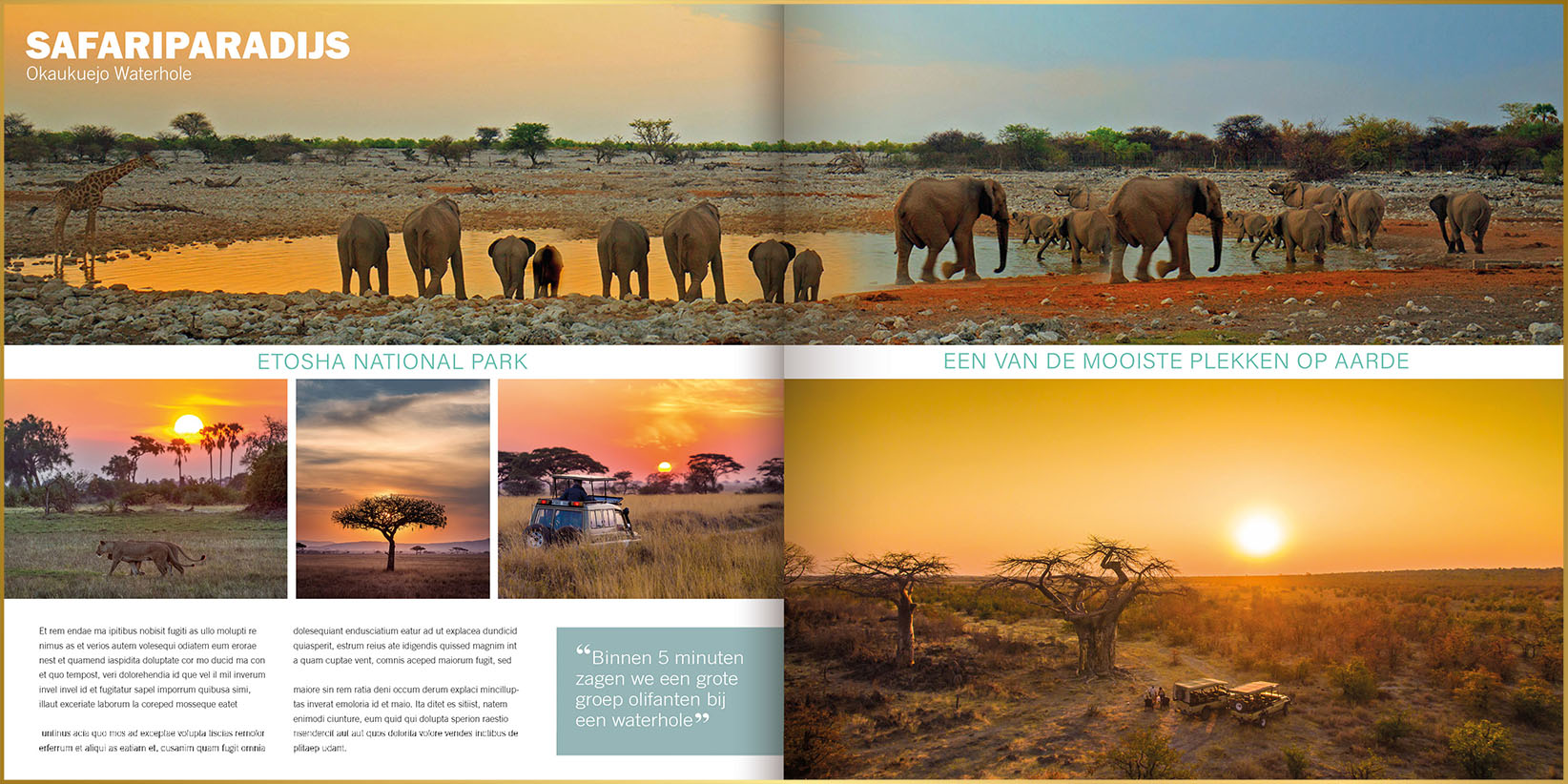 Fotoboek in ontwerpstijl magazine met foto's van olifanten bij waterplas, en leeuw en safari auto bij zonsondergang in Namibië