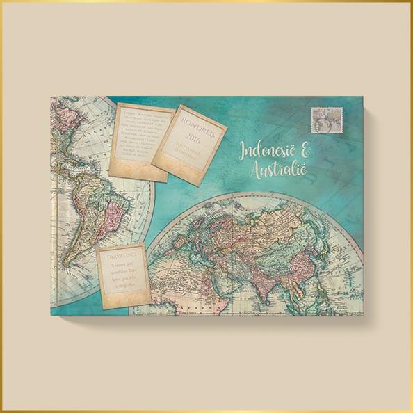 Voorkant van fotoboek met wereldkaart