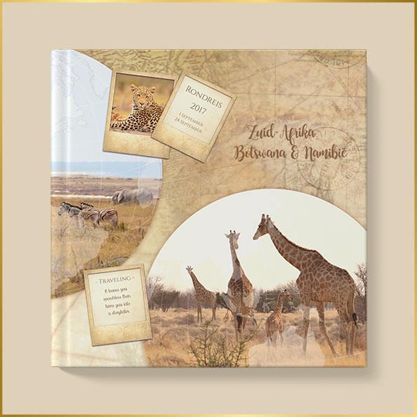 Omslag van fotoboek met giraffen, zebra's olifant en jachtluipaard