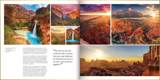 Fotoboek in ontwerpstijl magazine met foto's van Havasu Falls, Bryce Canyon, Monument Valley en Yosemite in Amerika