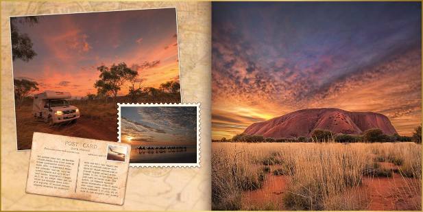 Fotoboek in ontwerpstijl uniek met ansichtkaart en foto's van kamelen, ayers rock en mooie zonsondergang in Australië