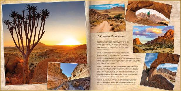 Fotoboek moderne stijl met foto's van rode rotsformaties, zondergang en quiver trees in Namibië