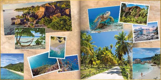 Fotoboek in ontwerpstijl uniek met foto's van mooie stranden, palmbomen en zeeschildpad op de Seychellen