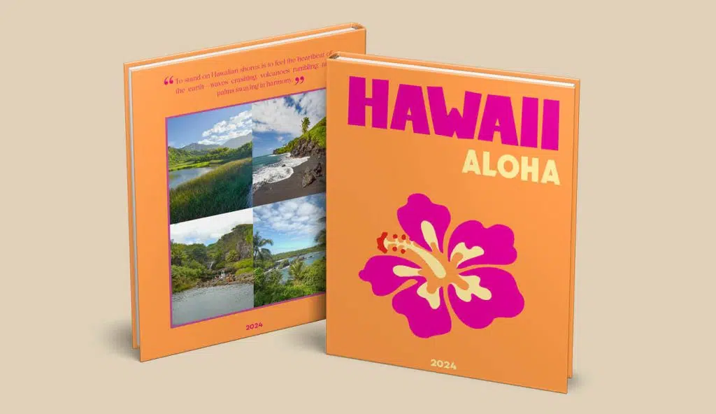 Voor en achterkant Assouline travel book met illustratie van bloem en Hawaii tekst