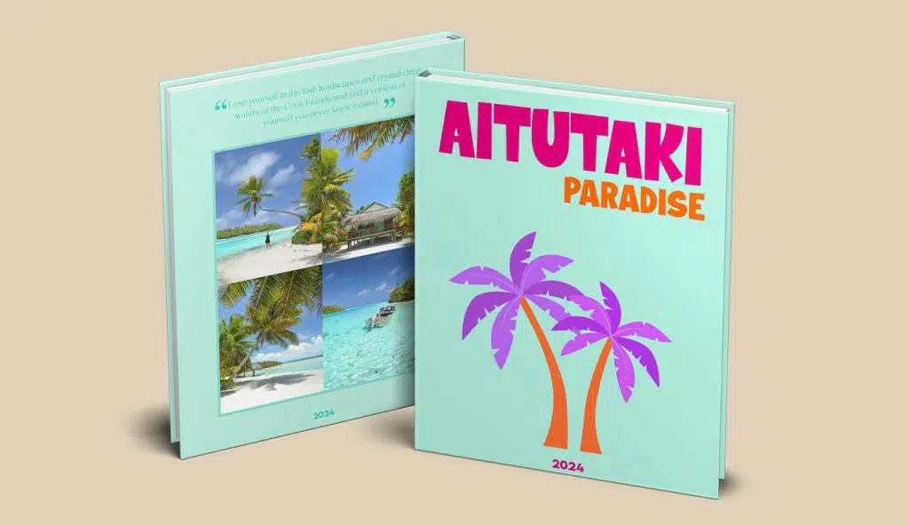 Voor en achterkant Assouline travel book met illustratie van palmboom en Aitutaki tekst